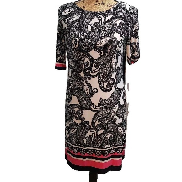Eliza J Paisley Print Sheath Dress Pink Trim Career Party Size 6P - Picture 1 of 3